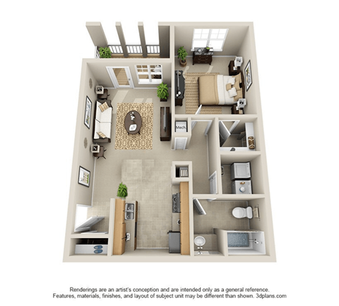 Floor plan for 1 bed, 1 bath, 805 sqft